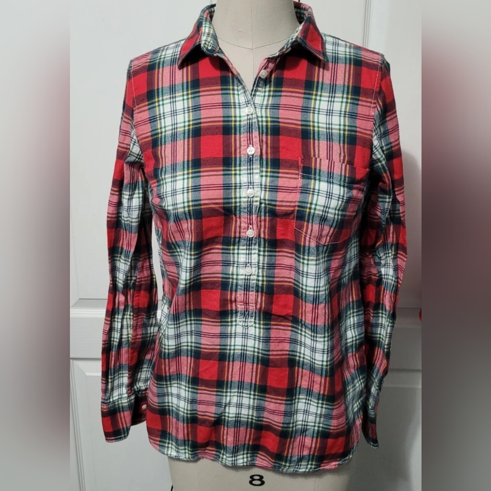 J Crew Shirt Womens XS Plaid Multicolor Popover Half Button Long Sleeve …